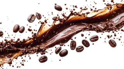 A splash of coffee with coffee beans scattered around it