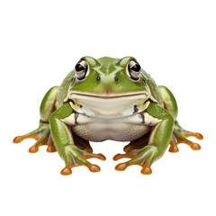 Obraz premium Realistic green frog sitting on a white background, showcasing detailed features.