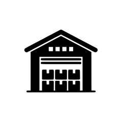 Black silhouette icon of a warehouse with stacked boxes