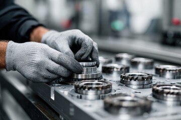Hands placing metal bearings with precision in a manufacturing facility
