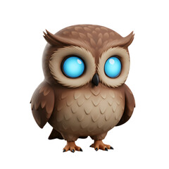 Fototapeta premium A cartoon owl with big blue eyes stands against a white background, perfect for children's books or educational materials.