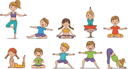 Cartoon children are doing various yoga poses on a white background, creating a playful and healthy atmosphere, perfect for health and wellness content aimed at kids.