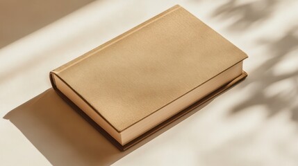 A light beige book rests on a light beige surface.