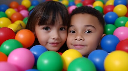 Two happy, smiling children in a colorful playroom.