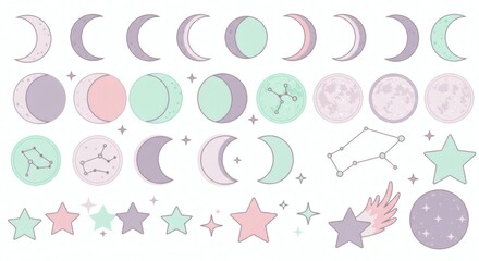 Pastel Moon Phases Stars Constellations Celestial Design Elements for Mystical Feminine Branding