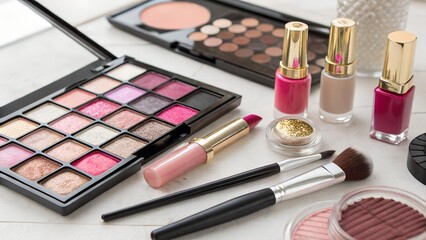 Glam Makeup Collection Flatlay with Eyeshadow, Lipstick, Nail Polish, and Beauty Brushes
