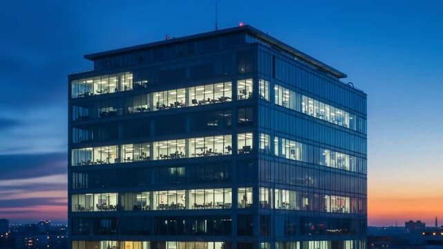Modern Office Tower at Dusk with Lit Windows