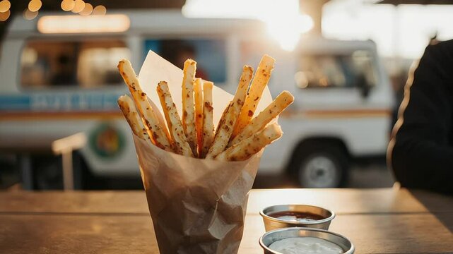 Appetizing breadsticks with herbs and dipping sauces on wooden table