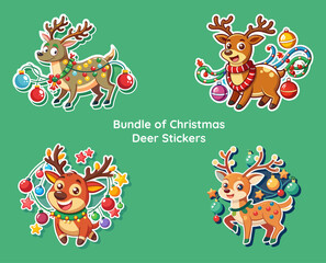 Festive Christmas Deer Sticker Collection Adorable Cartoon Reindeer with Ornaments and Holiday Decorations on a Green Background