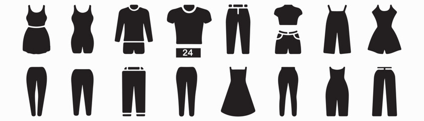 Collection of black clothing icons including dresses pants shirts and jumpsuits on a white background