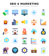 SEO & MARKETING Flat icons collection. 25 icon set in a Flat design.