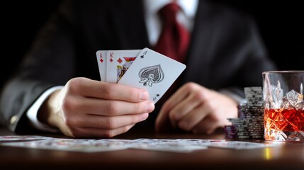 A man is holding three playing cards and a glass of whiskey