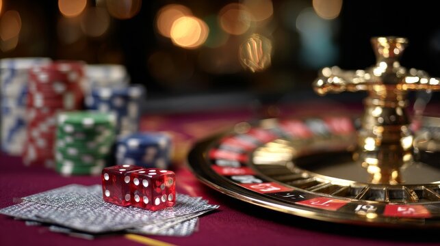 A gold colored roulette wheel sits on a table with a pile of poker chips