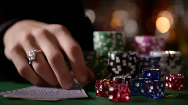 A woman is playing a game of poker with a deck of cards and a pile of dice