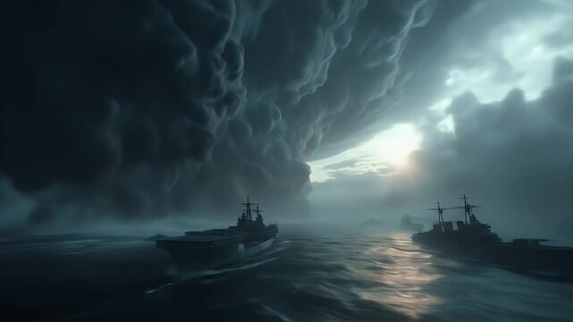 Dramatic Dark Ocean Storm Overcast with Naval Ships in Deep Waters and Threatening Weather Conditions Dark Blue Tones