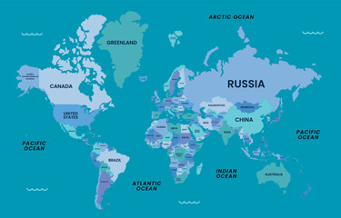World Map with Oceans and Labels