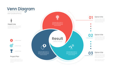 Venn diagram business infographic circle chart template three steps options, presentation with venn diagram elements vector illustration.