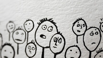 A group of abstract, hand-drawn figures with expressive faces. long_title:A whimsical depicting a diverse collection of abstract, doodle-like figures