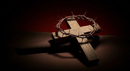 Wooden cross wrapped with crown of thorns placed on cloth, dramatic shadow, background gradient from dark brown to deep red