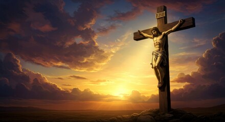 Artistic depiction of crucifixion with symbolic light and sky