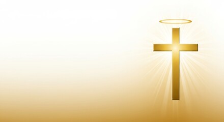 Bright Christian cross glowing with halo on minimalist abstract background, gradient from white to soft gold,