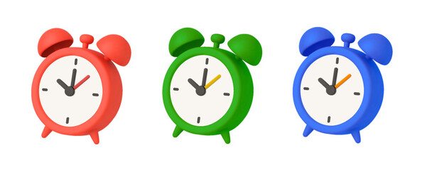 3d minimal alarm clock in different colors, isolated on white background. Alarm clock icon in 3d vector. Vector illustration