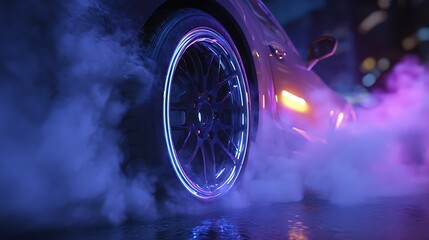 Car Wheel and Smoke in a Dark Scene