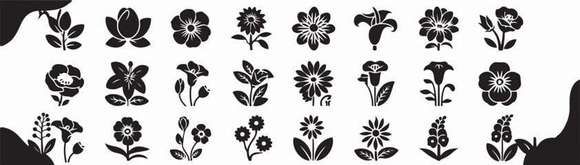 Flower, botanical icon set. Vector glyph pictograms of rose, tulip, daisy, lotus, sunflower garden, lily, hibiscus, cherry blossom, carnation peony black silhouette illustration. 