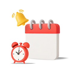 3d minimal blank calendar with yellow notification bell, alarm clock, isolated on white background. Realistic calendar mockup, deadline and due date planning icon in 3d vector. Vector illustration