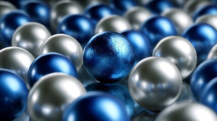 A blue and silver ball is the only one in a group of many other balls
