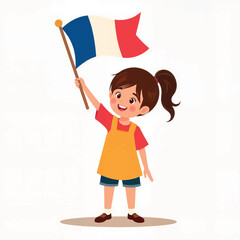 Smiling girl waving French flag on white background, celebration of culture