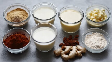 Various ingredients in glass bowls, like milk, spices, and almonds. It shows food ingredients for cooking and baking, healthy and tasty.