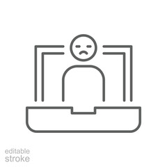 Stressed Person at Laptop Icon Vector, Outline Symbol of Digital Burnout, Zoom Fatigue, Remote Work Overload, and Mental Exhaustion, Editable Stroke Work Stress Icon Design