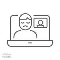 Zoom Fatigue Icon Vector, Stressed Person in Video Call on Laptop, Editable Stroke Outline Symbol for Digital Burnout, Remote Work Exhaustion, and Online Meeting Overload