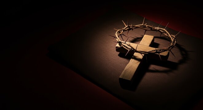 Wooden cross wrapped with crown of thorns placed on cloth, dramatic shadow, background gradient from dark brown to deep red