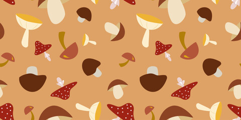 Cheerful seamless vector pattern of cartoon autumn mushrooms on a warm orange background. Naive forest vibe, ideal for seasonal packaging, kids fabric, gift paper, and botanical surface design. 