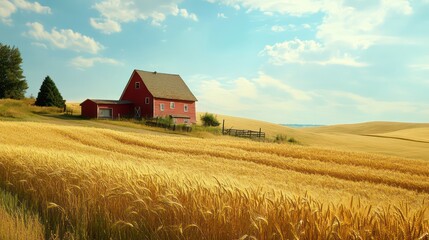 Red Barn and Golden Wheat Field Under a Blue Sky with Clouds