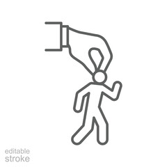 Mental Pressure Icon Vector, Big Hand Grabbing Head of Small Person Symbol, Editable Stroke Outline for Workplace Control, Burnout, Micromanagement, and Job Stress Awareness Icon