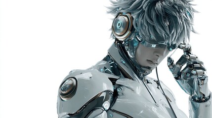 A stylized, androgynous cyborg with platinum blonde hair, wearing headphones and translucent eyewear,  adjusts a section of their robotic hand against a stark 