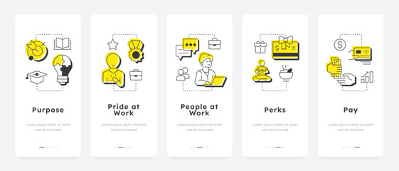 5P of employee fulfillment mobile app onboarding screens. Work life balance. Employee wellbeing. Flat UI UX design, yellow highlight with outline icons conceptual. Lexend font used
