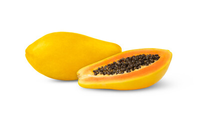 Ripe yellow papaya fruit with cut in half isolated. Not AI, real retouched photo.