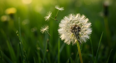 Fototapeta premium Dandelion Wishes: Seeds Drifting on a Gentle Breeze