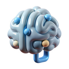 Stylized 3 D Model of a Light Blue Brain with Pastel Colored Spheres and Circuit Board Pattern Hints Isolated on a transparent background