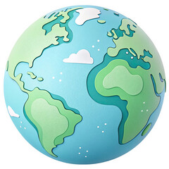 Stylized 3 D Papercraft Earth Globe Light Blue Green Continents Layered Peaks White Clouds isolated on a transparent background