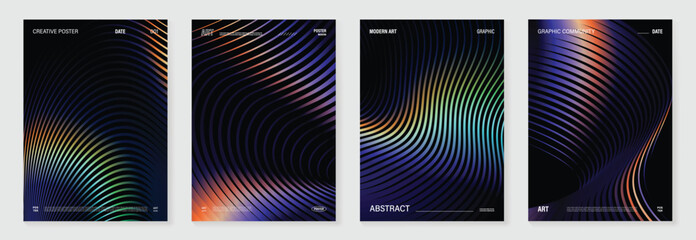 Abstract line wave gradient poster background vector set. Minimalist cover template with vibrant perspective line wave in motion. Ideal design for social media, cover, banner, flyer, music, ads.