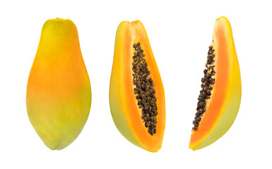 Set of papaya fruit and half and slice isolated. Real retouched photo, not AI.