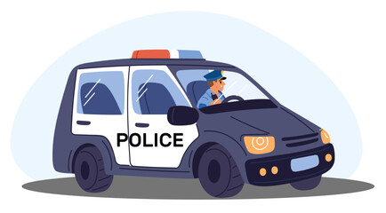 Police car. Patrol officer driver behind steering wheel. Policeman in vehicle. Automobile driver. Automotive machine with siren. Cop transportation. Sheriff transport. Vector concept