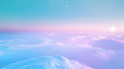 Dreamy landscape with mountains and soft pastel clouds at sunrise, evoking tranquility and peace