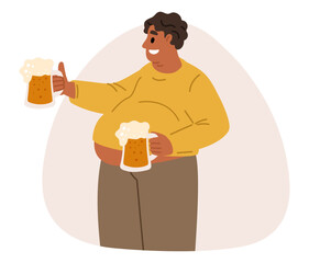 Overweight guy with two beer mugs. Health problems. Overweight man drinking lager. Octoberfest party. People suffer from obesity. Fat abdomen body. Alcohol beverage. Vector concept
