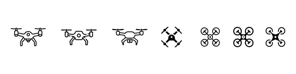 Modern drone icon set in outline style showing quadcopter aerial devices, flying drones with propellers, surveillance technology, camera drones